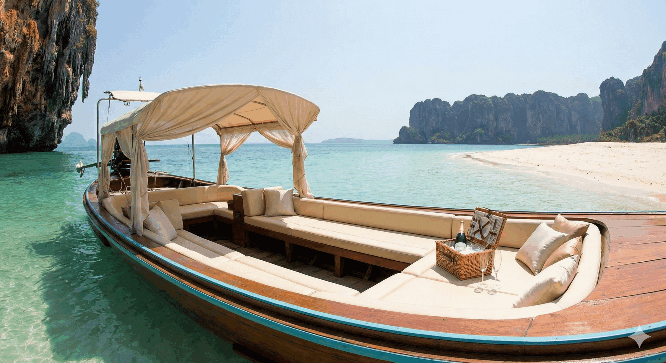 เรือหางยาวที่ตกแต่งอย่างหรูหราสำหรับทริปส่วนตัว จอดเทียบท่าที่ชายหาดเกาะร้างที่สวยงามในภูเก็ต สะท้อนประสบการณ์การท่องเที่ยวแบบเฉพาะบุคคล