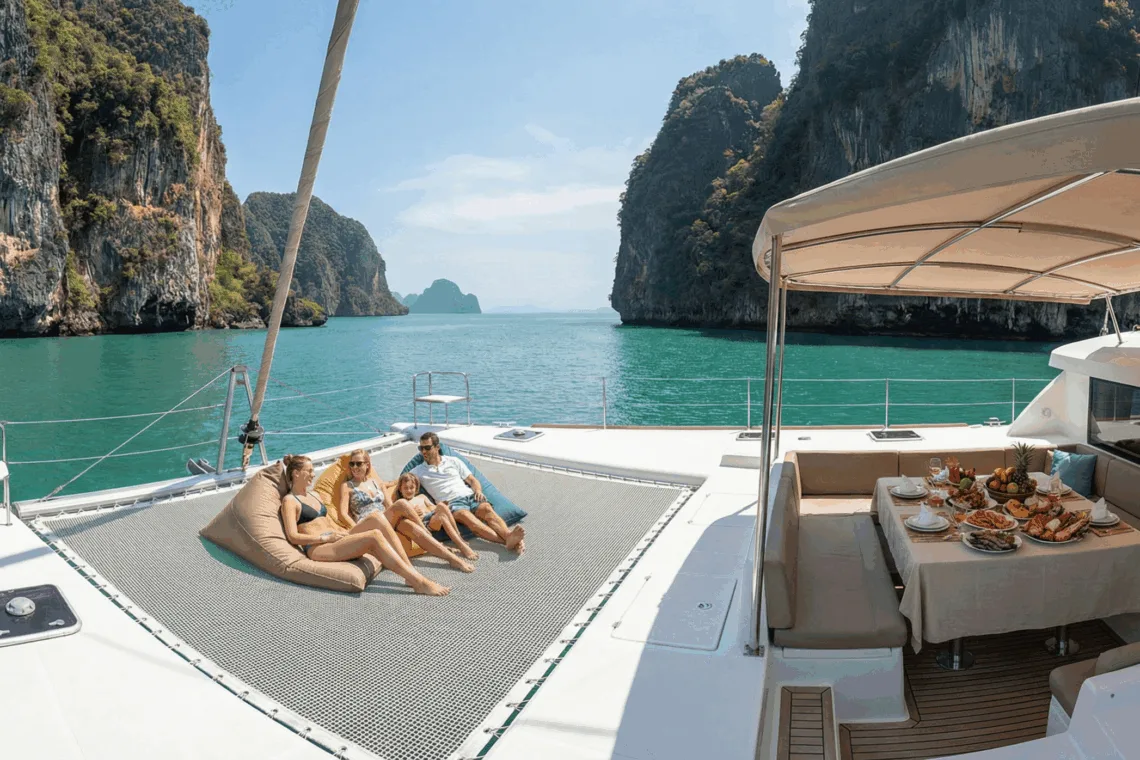 ครอบครัวกำลังนอนพักผ่อนบนตาข่ายหน้าเรือและรับประทานอาหารกลางวันบนเรือคาตามารันส่วนตัวสุดหรูที่ล่องเรือในอ่าวพังงา ภูเก็ต ท่ามกลางภูเขาหินปูน