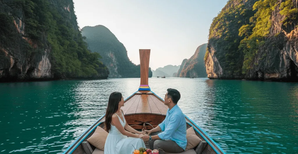 คู่รักชายหญิงกำลังนั่งชมทิวทัศน์อันงดงามของเกาะหินปูนจากเรือหางยาวส่วนตัวในอ่าวพังงา แสดงถึงการเลือกเรือที่เหมาะสมสำหรับแต่ละจุดหมายปลายทาง