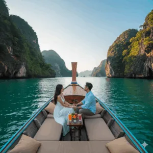 คู่รักกำลังนั่งชมทิวทัศน์บนเรือหางยาวในอ่าวพังงา คู่รักชายหญิงกำลังนั่งชมทิวทัศน์อันงดงามของเกาะหินปูนจากเรือหางยาวส่วนตัวในอ่าวพังงา แสดงถึงการเลือกเรือที่เหมาะสมสำหรับแต่ละจุดหมายปลายทาง
