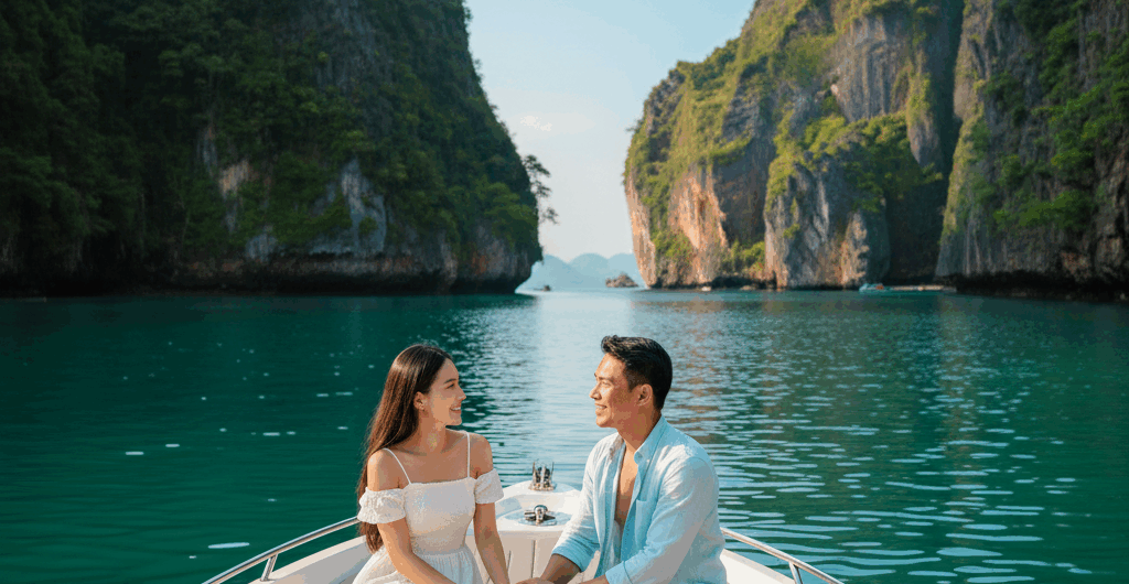 คู่รักนั่งอยู่บนหัวเรือสปีดโบ๊ทส่วนตัวพร้อมผลไม้และเครื่องดื่ม ท่ามกลางทิวทัศน์ของเกาะหินปูนสีเขียวมรกตและน้ำทะเลใส บ่งบอกถึงประสบการณ์ทัวร์เรือส่วนตัวที่เงียบสงบ