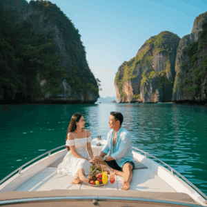 คู่รักเพลิดเพลินกับทริปเรือส่วนตัวสุดโรแมนติกในลากูนเงียบสงบ คู่รักนั่งอยู่บนหัวเรือสปีดโบ๊ทส่วนตัวพร้อมผลไม้และเครื่องดื่ม ท่ามกลางทิวทัศน์ของเกาะหินปูนสีเขียวมรกตและน้ำทะเลใส บ่งบอกถึงประสบการณ์ทัวร์เรือส่วนตัวที่เงียบสงบ