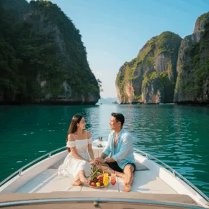 คู่รักเพลิดเพลินกับทริปเรือส่วนตัวสุดโรแมนติกในลากูนเงียบสงบ คู่รักนั่งอยู่บนหัวเรือสปีดโบ๊ทส่วนตัวพร้อมผลไม้และเครื่องดื่ม ท่ามกลางทิวทัศน์ของเกาะหินปูนสีเขียวมรกตและน้ำทะเลใส บ่งบอกถึงประสบการณ์ทัวร์เรือส่วนตัวที่เงียบสงบ