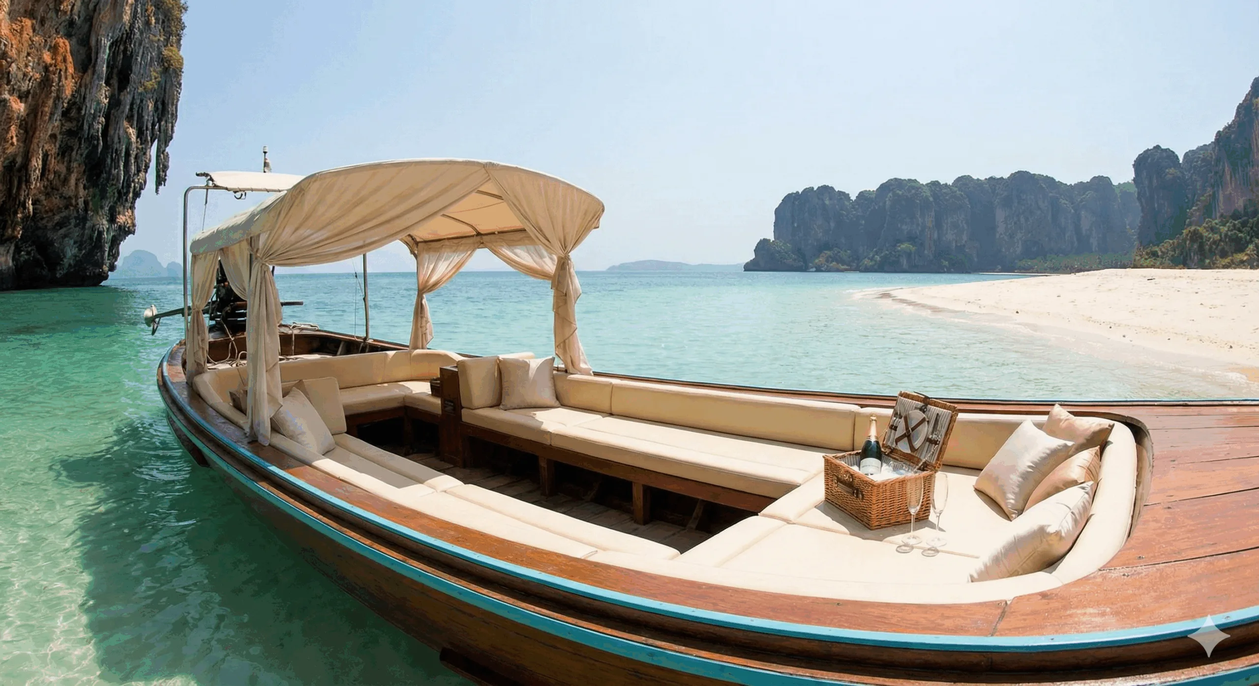 เรือหางยาวที่ตกแต่งอย่างหรูหราสำหรับทริปส่วนตัว จอดเทียบท่าที่ชายหาดเกาะร้างที่สวยงามในภูเก็ต สะท้อนประสบการณ์การท่องเที่ยวแบบเฉพาะบุคคล
