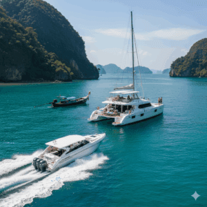 ประเภทเรือทัวร์ภูเก็ต สปีดโบ๊ท คาตามารัน และเรือหางยาว ภาพเปรียบเทียบเรือทัวร์ภูเก็ต ทั้งสปีดโบ๊ท เรือคาตามารัน และเรือหางยาว ที่จอดในอ่าว
