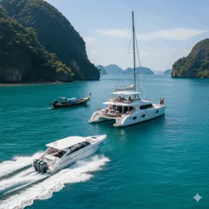 ประเภทเรือทัวร์ภูเก็ต สปีดโบ๊ท คาตามารัน และเรือหางยาว ภาพเปรียบเทียบเรือทัวร์ภูเก็ต ทั้งสปีดโบ๊ท เรือคาตามารัน และเรือหางยาว ที่จอดในอ่าว