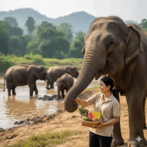 ผู้ดูแลกำลังป้อนอาหารช้างอย่างใกล้ชิดที่เขตรักษาพันธุ์เชิงจริยธรรม ผู้หญิงคนหนึ่งในชุดลำลองกำลังยิ้มและป้อนผลไม้จากตะกร้าให้ช้างในเขตรักษาพันธุ์ช้างภูเก็ต โดยมีช้างตัวอื่นกำลังดื่มน้ำในบ่อโคลนเบื้องหลัง แสดงถึงการท่องเที่ยวเชิงจริยธรรม