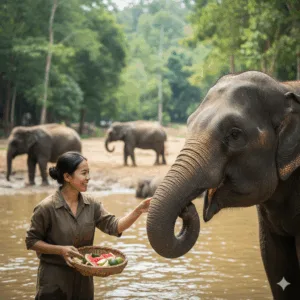 ผู้ดูแลกำลังป้อนอาหารช้างอย่างใกล้ชิดที่เขตรักษาพันธุ์ในภูเก็ต ผู้หญิงคนหนึ่งในชุดทำงานกำลังยิ้มขณะป้อนผลไม้ให้ช้างในเขตรักษาพันธุ์ช้างภูเก็ต โดยมีช้างตัวอื่นอยู่เบื้องหลังในสภาพแวดล้อมทางธรรมชาติ แสดงถึงการท่องเที่ยวเชิงจริยธรรมบนบก