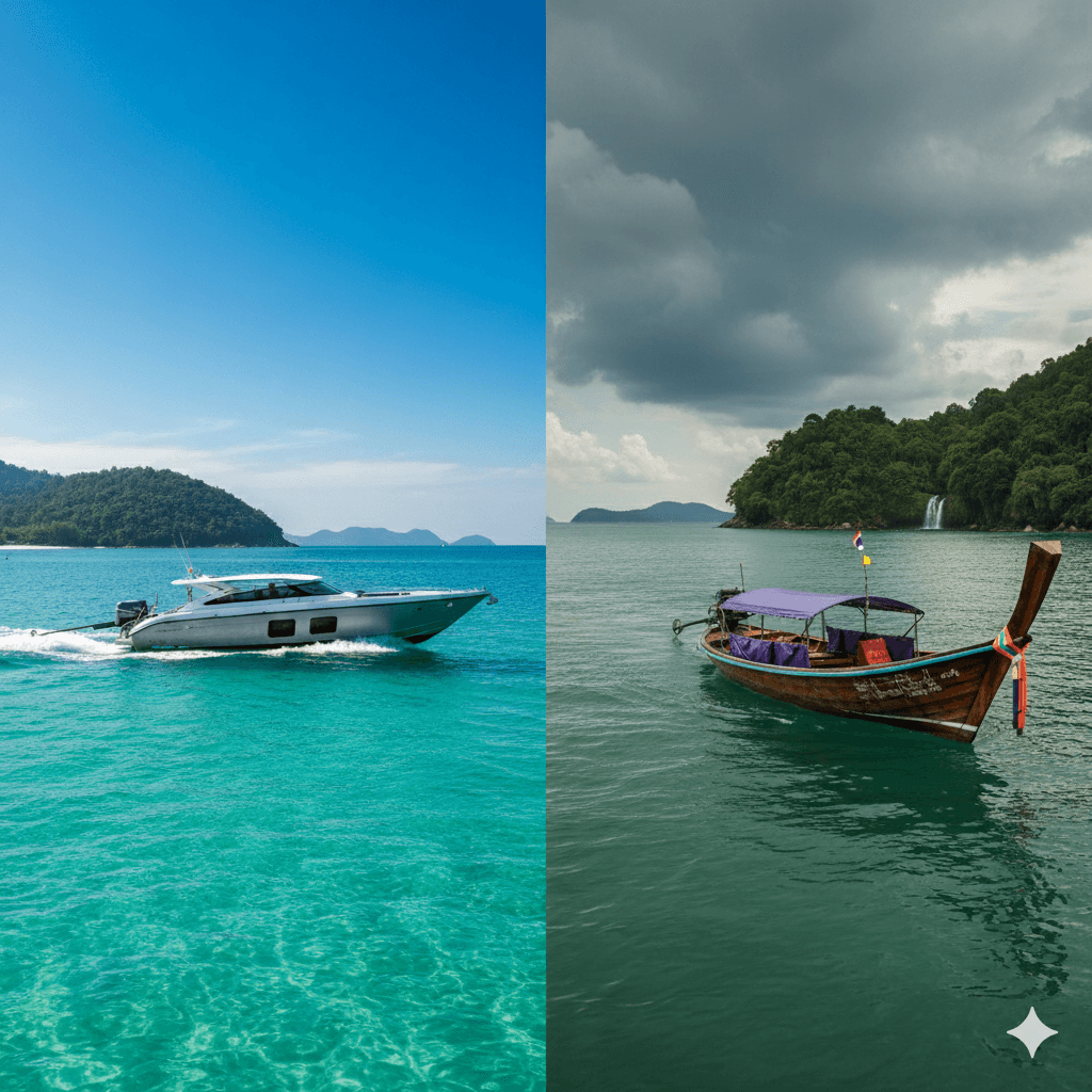 ภูเก็ต-ฤดูกาล-และ-เรือ-ที่เหมาะสม ภาพแยกสองส่วนแสดงอ่าวภูเก็ตที่สงบและมีแดดจัดพร้อมเรือเร็ว (แสดงถึงฤดูท่องเที่ยว) และอ่าวที่เขียวชอุ่มกว่าพร้อมเมฆฝน (แสดงถึงฤดูฝนและทางเลือกเรือที่แตกต่างกัน).