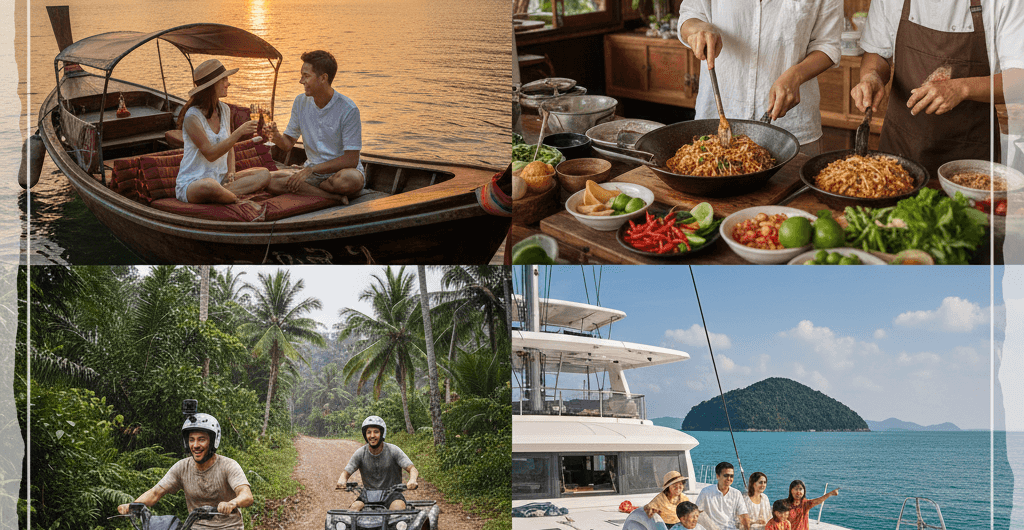 ภาพคอลลาจแสดงสี่สไตล์การท่องเที่ยวภูเก็ต: คู่รักในเรือหางยาวชมพระอาทิตย์ตก, ผู้คนเรียนทำอาหารไทย, นักท่องเที่ยวขับ ATV ในป่า, และครอบครัวบนเรือคาตามารันสุดหรู