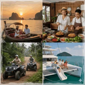 สไตล์การเที่ยวภูเก็ต ทัวร์ผจญภัย, โรแมนติก, ครอบครัว, และวัฒนธรรม ภาพคอลลาจแสดงสี่สไตล์การท่องเที่ยวภูเก็ต: คู่รักในเรือหางยาวชมพระอาทิตย์ตก, ผู้คนเรียนทำอาหารไทย, นักท่องเที่ยวขับ ATV ในป่า, และครอบครัวบนเรือคาตามารันสุดหรู