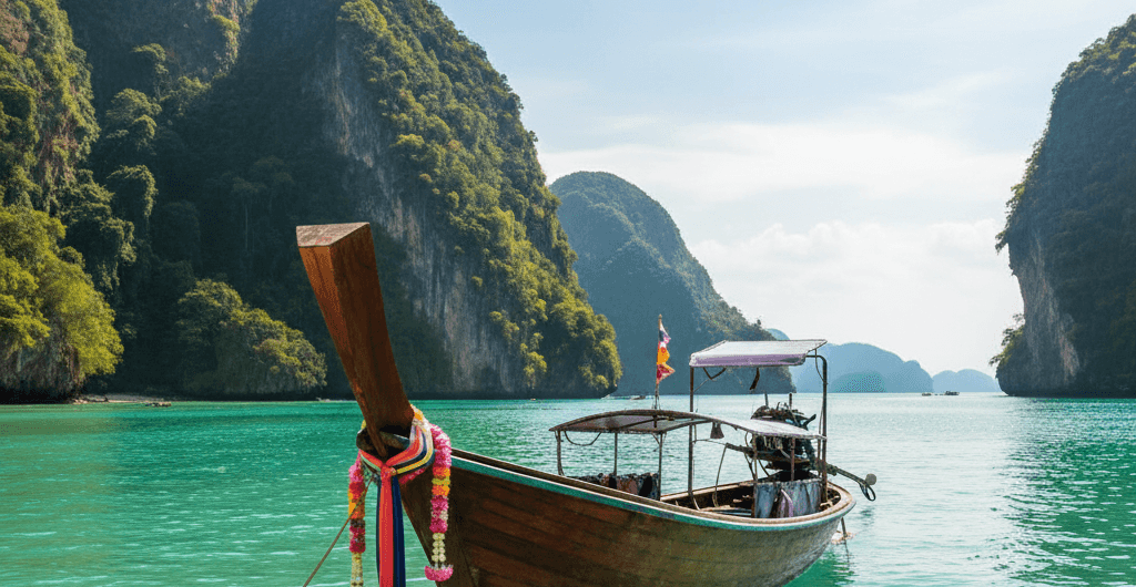 เรือหางยาวไทยจอดลอยลำบนน้ำทะเลสีฟ้าคราม แสดงตัวเลือกทัวร์ภูเก็ตที่พบบ่อย