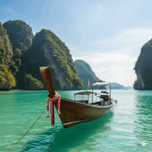 เรือหางยาวไทยในอ่าวที่สวยงามของภูเก็ต เรือหางยาวไทยจอดลอยลำบนน้ำทะเลสีฟ้าคราม แสดงตัวเลือกทัวร์ภูเก็ตที่พบบ่อย