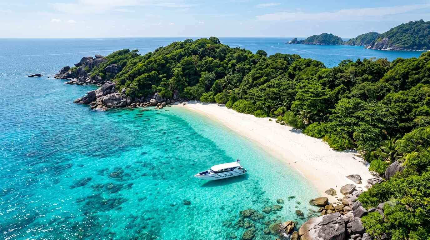Similan island aerial drone shot วิวทางอากาศของหมู่เกาะสิมิลัน น้ำทะเลสีฟ้าใส หาดทรายขาว เหมาะสำหรับเที่ยวเกาะสิมิลัน คนไทย