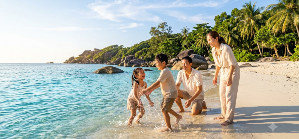 ครอบครัวพาลูกเที่ยวภูเก็ต เล่นน้ำทะเลใสริมหาดทรายขาวสวยงาม