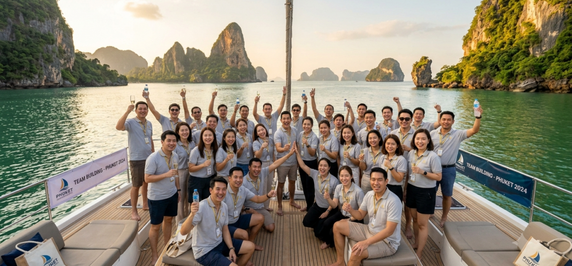 กลุ่มพนักงานบริษัทจัดสัมมนาภูเก็ต บริษัท บนเรือยอร์ชเหมาลำกลางอ่าวพังงา
