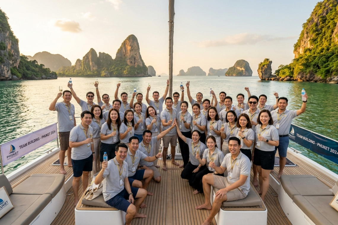 กลุ่มพนักงานบริษัทจัดสัมมนาภูเก็ต บริษัท บนเรือยอร์ชเหมาลำกลางอ่าวพังงา