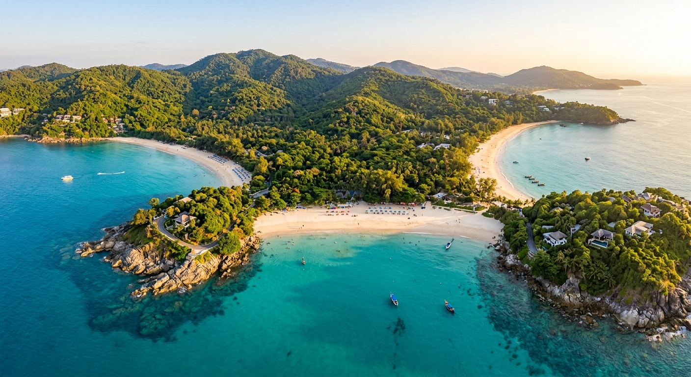 Aerial panoramic view of multiple Phuket beaches side by side เปรียบหาดภูเก็ต เที่ยวไหนดี ป่าตอง กะตะ กะรน อ่าวมาหยา มุมมองทางอากาศ