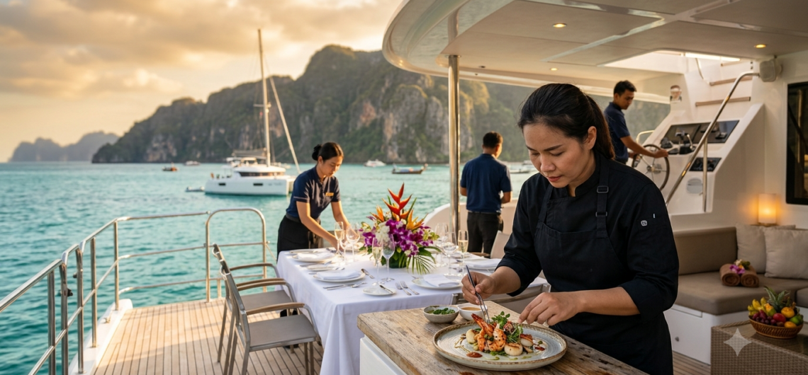เชฟชาวไทยกำลังจัดจานอาหารทะเลระดับกูร์เมต์บนเรือคาตามารันหรูกลางทะเลอันดามัน ภูเก็ต