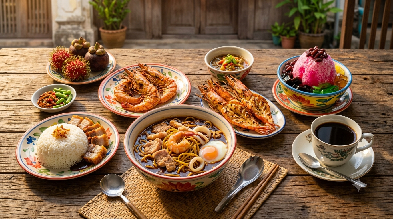 overhead flat-lay of authentic Phuket local food ร้านอาหารอร่อยภูเก็ต คนไทย ต้องลอง — หมี่ฮกเกี้ยน ซีฟู้ดสด และของกินพื้นเมืองที่คนภูเก็ตกินจริงทุกวัน