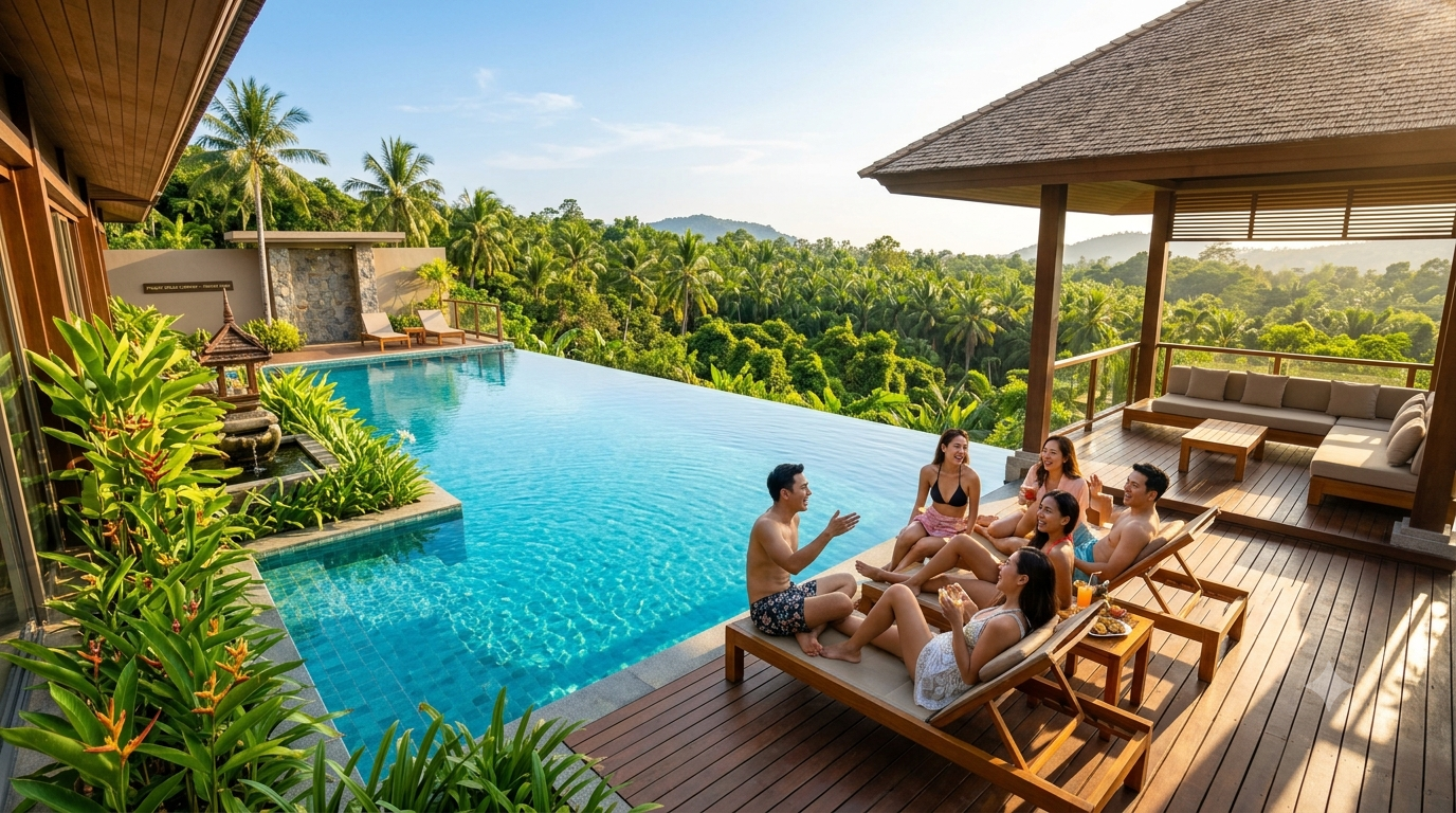 private pool villa in Phuket with a large infinity pool overlooking lush tropical greenery กลุ่มเพื่อนชาวไทยเช่าวิลล่าภูเก็ต ส่วนตัว พร้อมสระว่ายน้ำอินฟินิตี้วิวธรรมชาติ