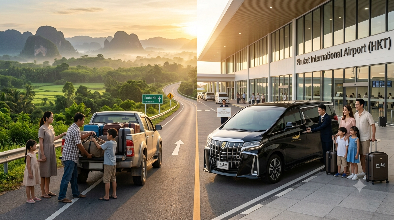 split screen comparison private van vs rented vehicle เปรียบเทียบการเดินทางกรุงเทพ ภูเก็ต ระหว่างขับรถเอง บินแล้วเช่ารถตู้ สำหรับครอบครัวและกลุ่มนักท่องเที่ยวไทย
