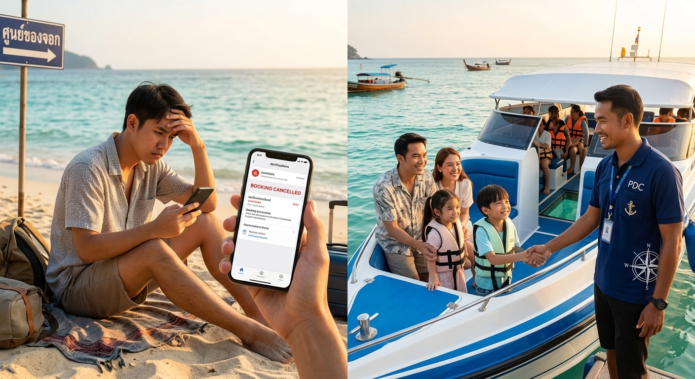 A frustrated Thai traveller sitting on a beach in Phuket holding a smartphone นักท่องเที่ยวไทยเจอปัญหาจองทัวร์ออนไลน์เสียหาย เทียบกับการใช้บริการ DMC มืออาชีพที่ปลอดภัยกว่า