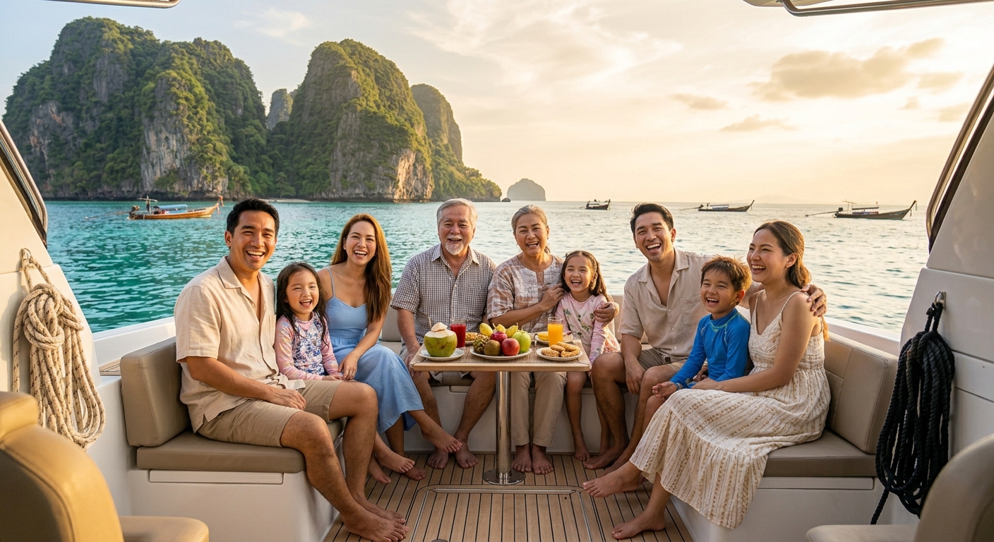 A happy Thai multigenerational family grandparents, parents, and children sitting together on the deck of a calm private boat ครอบครัวไทยพาผู้สูงอายุเที่ยวทะเล ภูเก็ต นั่งเรือชมวิวทะเลอันดามันด้วยกัน