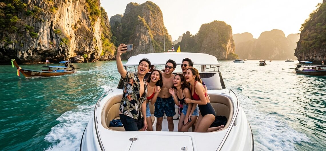 กลุ่มเพื่อนคนไทยเที่ยวภูเก็ตประหยัดบนเรือสปีดโบ๊ทท่ามกลางทะเลอันดามันสีฟ้าคราม