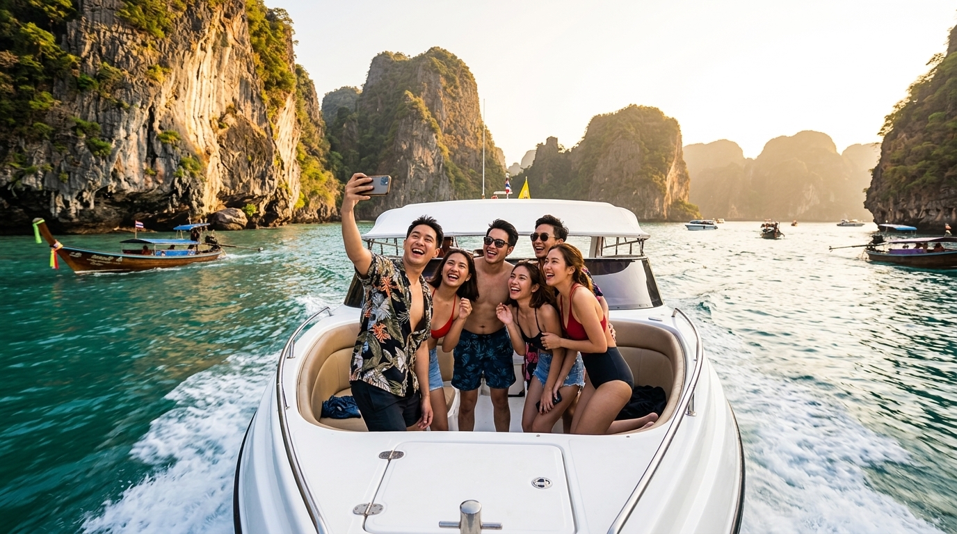 A joyful group of Thai friends laughing on a speedboat deck near turquoise Andaman Sea waters กลุ่มเพื่อนคนไทยเที่ยวภูเก็ตประหยัดบนเรือสปีดโบ๊ทท่ามกลางทะเลอันดามันสีฟ้าคราม