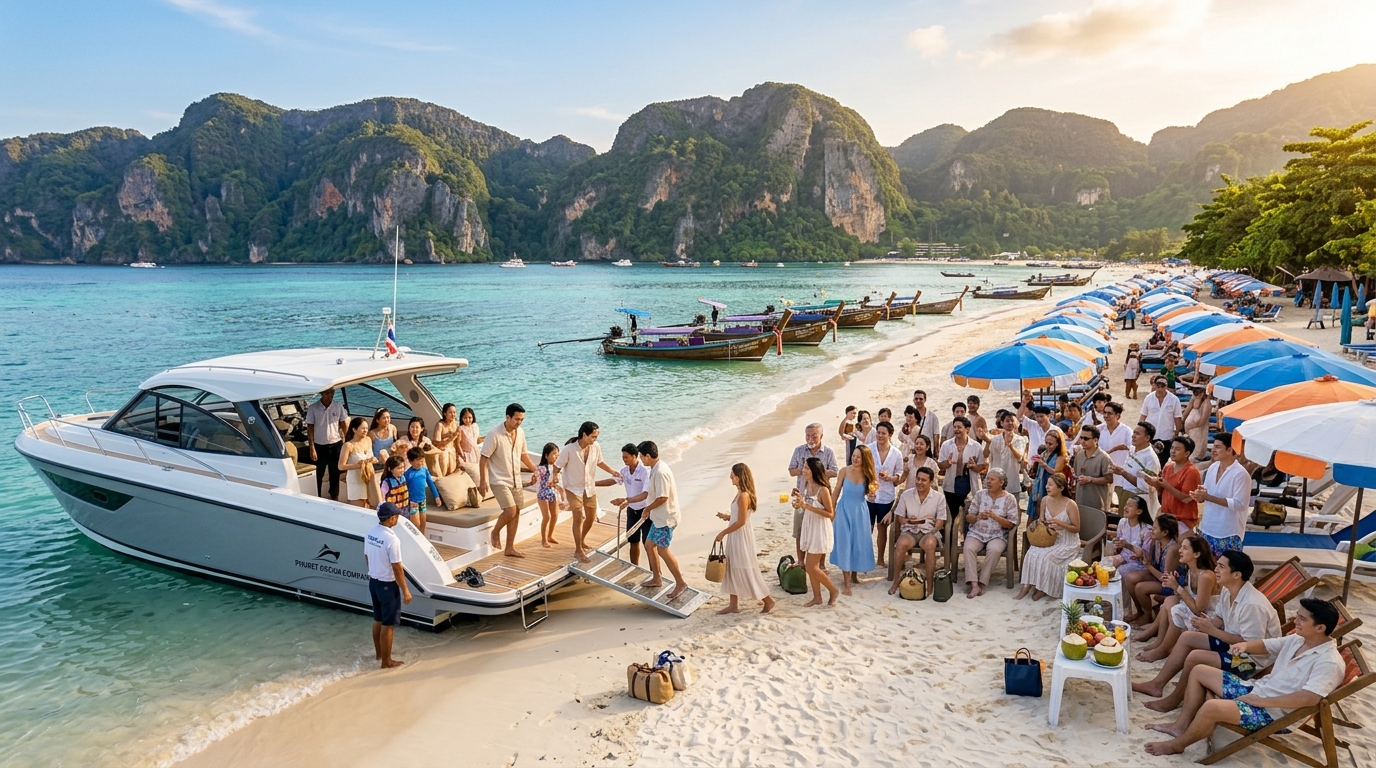 A large group of happy Thai travellers on a white sandy beach in Phuket, some boarding a speedboat, others gathered under beach umbrellas, tropical turquoise sea ทริปหมู่คณะภูเก็ต จัดกรุ๊ปใหญ่ 30 คนขึ้นไป บนชายหาดทะเลสีฟ้าใส