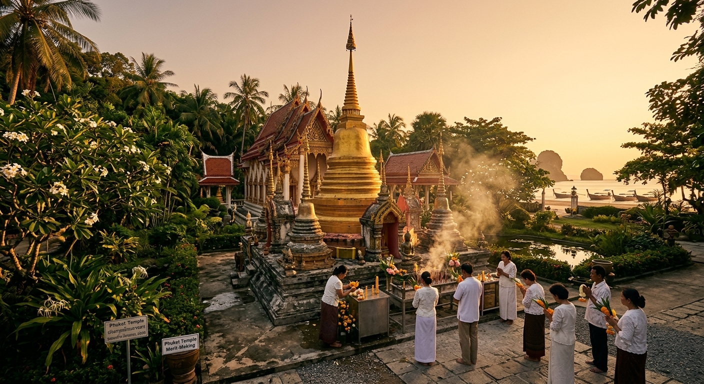 A serene Thai Buddhist temple in Phuket at golden hour ornate golden chedi surrounded by lush tropical greenery เส้นทางไหว้พระภูเก็ต พังงา สายมู 9 วัด ทริปทำบุญที่คนไทยไม่ควรพลาด