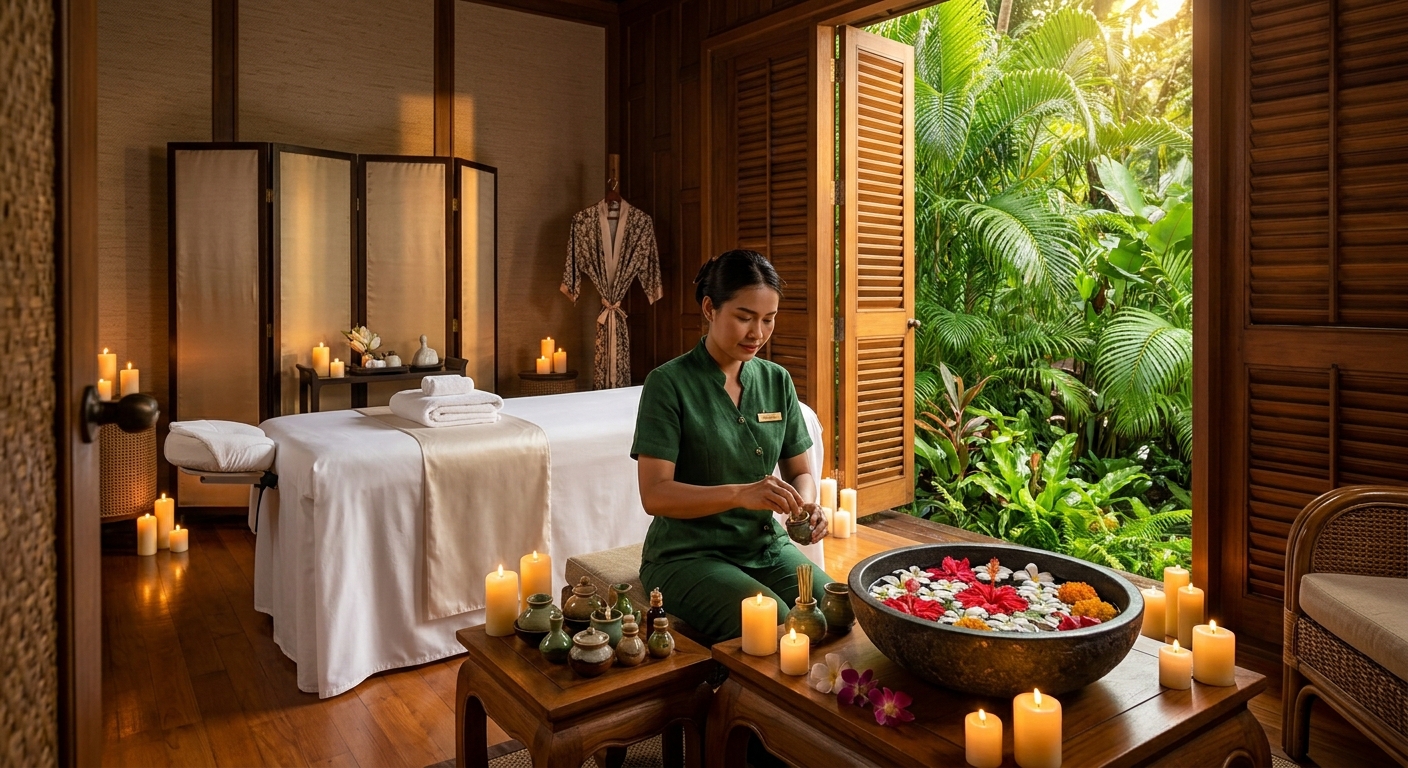 A serene luxury spa treatment room in Phuket, Thailand, with warm candlelight, tropical flowers floating in a stone bowl, a Thai massage therapist preparing aromatic oils ห้องสปาหรูในภูเก็ต บรรยากาศผ่อนคลาย เหมาะสำหรับสปาภูเก็ต แนะนำ คนไทย