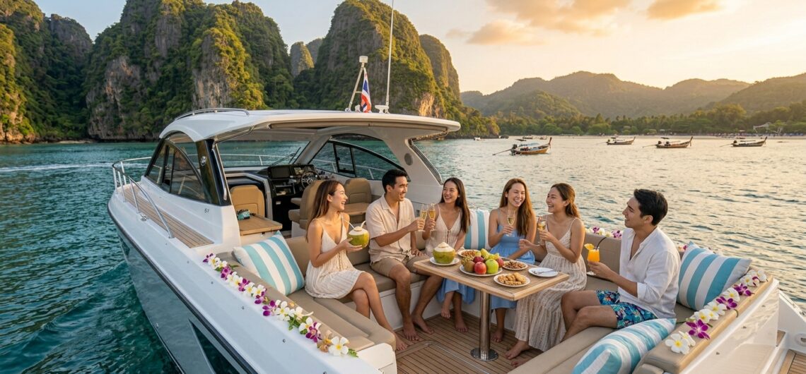 กลุ่มเพื่อนชาวไทยนั่งผ่อนคลายบนดาดฟ้าเรือยอร์ชคาตามารันกลางทะเลอันดามันภูเก็ต — เช่าเรือยอร์ชภูเก็ต ราคาคุ้มค่าเมื่อแบ่งกันหลายคน
