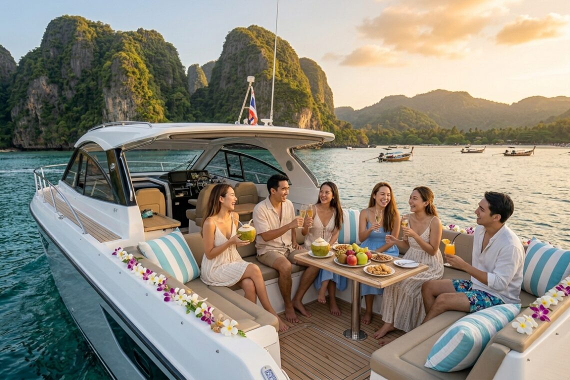 กลุ่มเพื่อนชาวไทยนั่งผ่อนคลายบนดาดฟ้าเรือยอร์ชคาตามารันกลางทะเลอันดามันภูเก็ต — เช่าเรือยอร์ชภูเก็ต ราคาคุ้มค่าเมื่อแบ่งกันหลายคน
