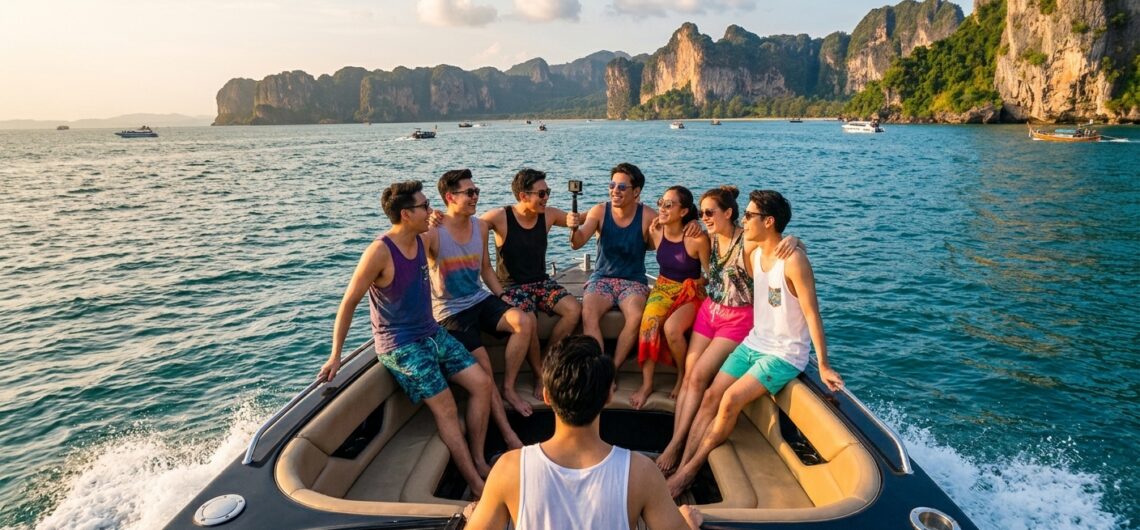 กลุ่มเพื่อนนั่งเรือสปีดโบ๊ทในทริปแพลนเที่ยวภูเก็ต 3 วัน 2 คืน กับวิวอ่าวพังงาสวยงาม