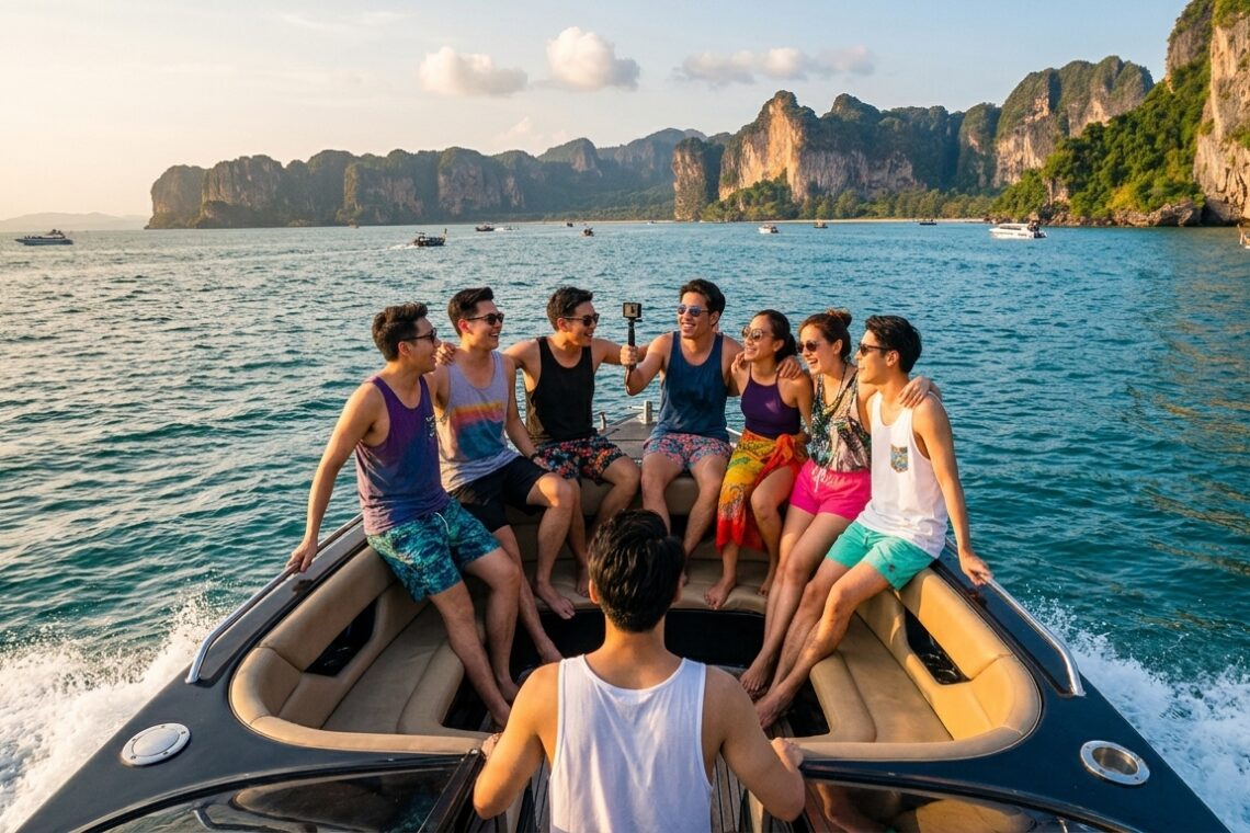 กลุ่มเพื่อนนั่งเรือสปีดโบ๊ทในทริปแพลนเที่ยวภูเก็ต 3 วัน 2 คืน กับวิวอ่าวพังงาสวยงาม
