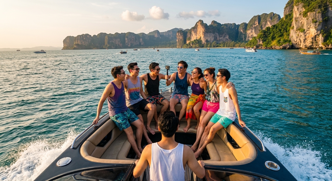 A vibrant aerial shot of a group of young Thai friends laughing on the deck of a speedboat turquoise Andaman Sea กลุ่มเพื่อนนั่งเรือสปีดโบ๊ทในทริปแพลนเที่ยวภูเก็ต 3 วัน 2 คืน กับวิวอ่าวพังงาสวยงาม