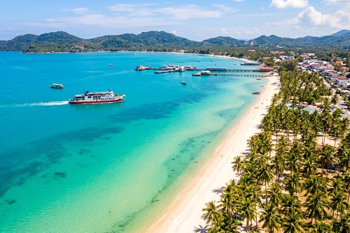 วิวทางอากาศเกาะสมุย ทะเลสีฟ้าใส หาดทรายขาว — จุดหมายยอดนิยมสำหรับคนเดินทางไปเกาะสมุย จากกรุงเทพ