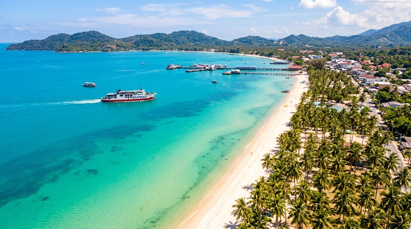 Aerial view of Koh Samui island from above, showing turquoise waters วิวทางอากาศเกาะสมุย ทะเลสีฟ้าใส หาดทรายขาว — จุดหมายยอดนิยมสำหรับคนเดินทางไปเกาะสมุย จากกรุงเทพ
