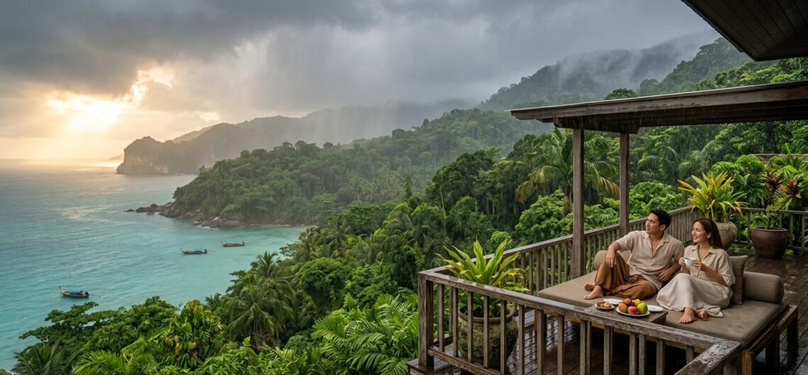 ภูเก็ตช่วงมรสุม ท้องฟ้าสวยงามและธรรมชาติเขียวชอุ่มริมทะเลอันดามัน