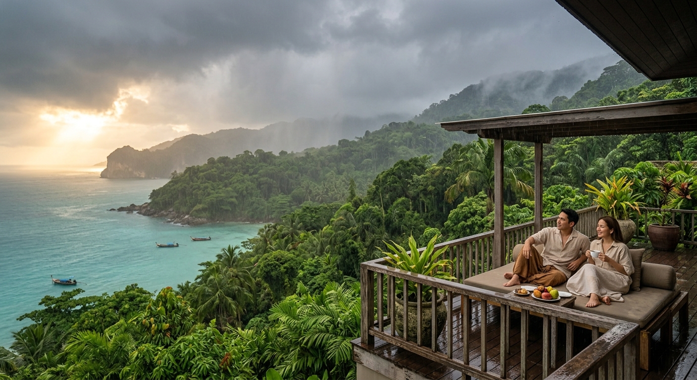 Lush green tropical jungle hillside in Phuket during monsoon season, dramatic moody sky with soft rain over turquoise sea, warm golden light breaking through clouds ภูเก็ตช่วงมรสุม ท้องฟ้าสวยงามและธรรมชาติเขียวชอุ่มริมทะเลอันดามัน
