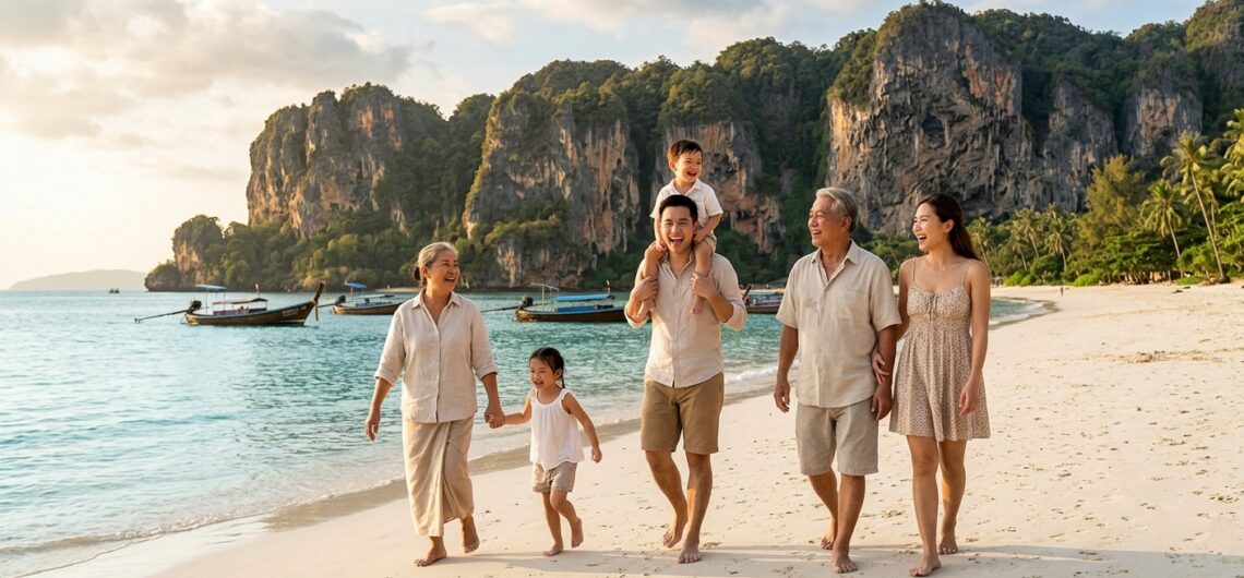 ครอบครัวไทยพาเด็กเที่ยวกระบี่ เดินเล่นริมหาดทรายขาวใต้หน้าผาหินปูน