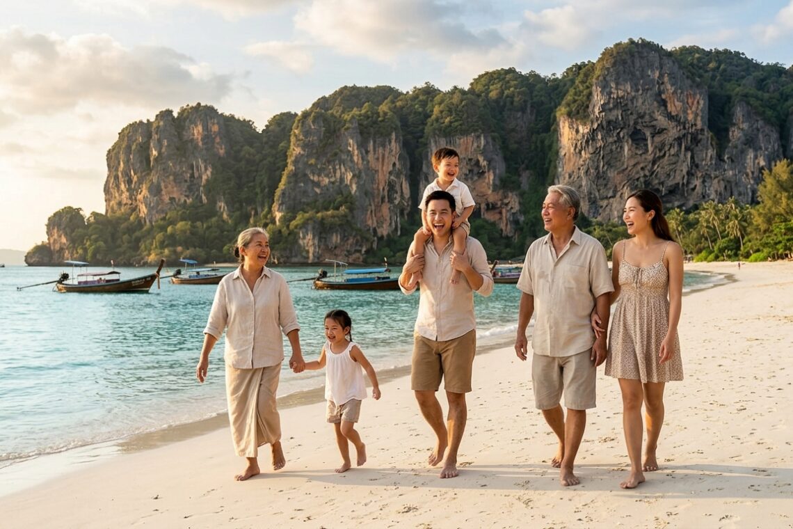 ครอบครัวไทยพาเด็กเที่ยวกระบี่ เดินเล่นริมหาดทรายขาวใต้หน้าผาหินปูน