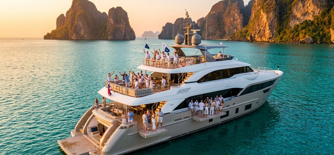 กลุ่มพนักงานบริษัทร่วมกิจกรรม incentive trip ภูเก็ต บนเรือยอร์ชส่วนตัวกลางทะเลอันดามัน