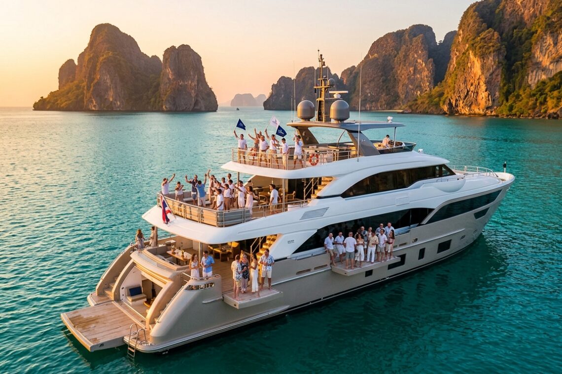 กลุ่มพนักงานบริษัทร่วมกิจกรรม incentive trip ภูเก็ต บนเรือยอร์ชส่วนตัวกลางทะเลอันดามัน