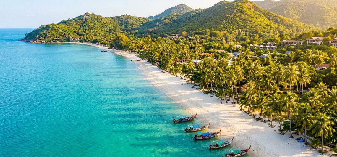 วิวทางอากาศของเกาะสมุยในช่วงเที่ยวเกาะสมุยวันหยุดยาว ทะเลสีฟ้าใส หาดทรายขาว และเรือหางยาวเทียบท่า