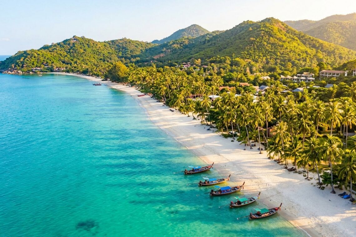วิวทางอากาศของเกาะสมุยในช่วงเที่ยวเกาะสมุยวันหยุดยาว ทะเลสีฟ้าใส หาดทรายขาว และเรือหางยาวเทียบท่า