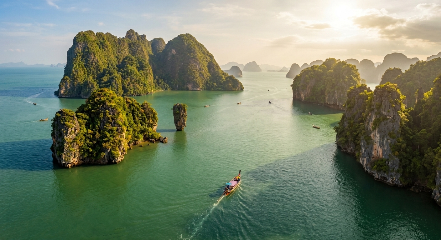 Aerial view of a private longtail boat gliding through the dramatic limestone karst islands of Phang Nga Bay เหมาลำเรืออ่าวพังงาท่ามกลางเกาะหินปูนสีเขียวมรกต บรรยากาศส่วนตัวและเป็นธรรมชาติ