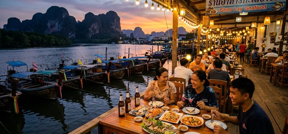 ร้านซีฟู้ดกระบี่ริมน้ำยามเย็น บรรยากาศท้องถิ่น อาหารทะเลสดใหม่